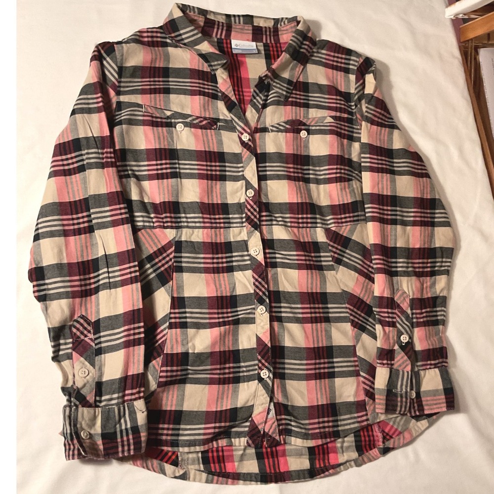 Columbia Womens Plaid Flannel Button Down Shirt Pink Black Cotton Large